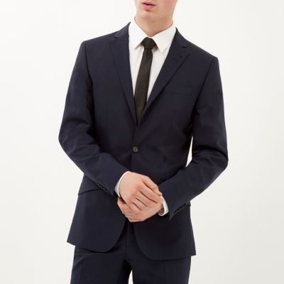 Navy blue wool-blend slim suit jacket